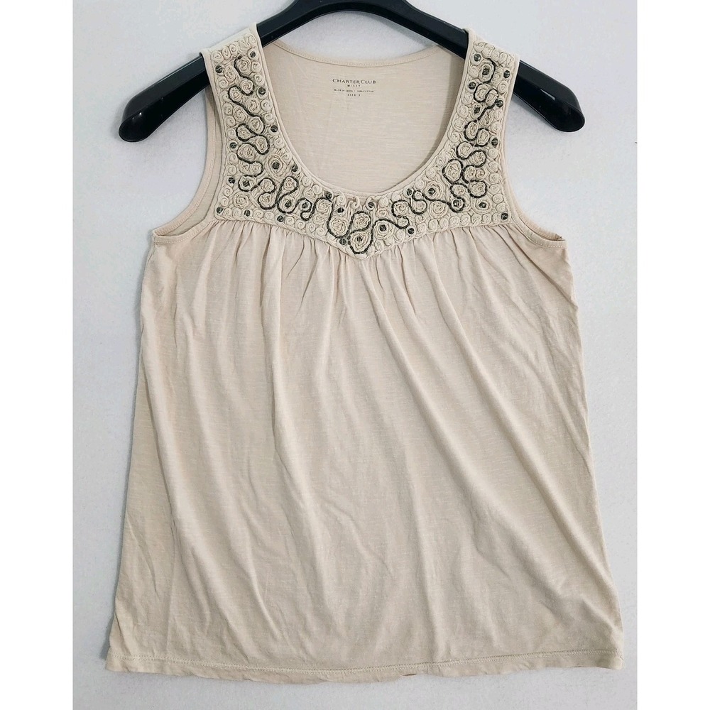 Charter Club Missy's Cream Knit Blouse With Floral Appliqué Neckline Size Small